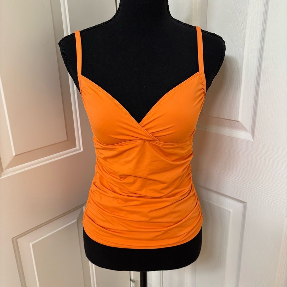 Tommy Bahama Orange Fitted Ruched Tankini Top Deep V Neck